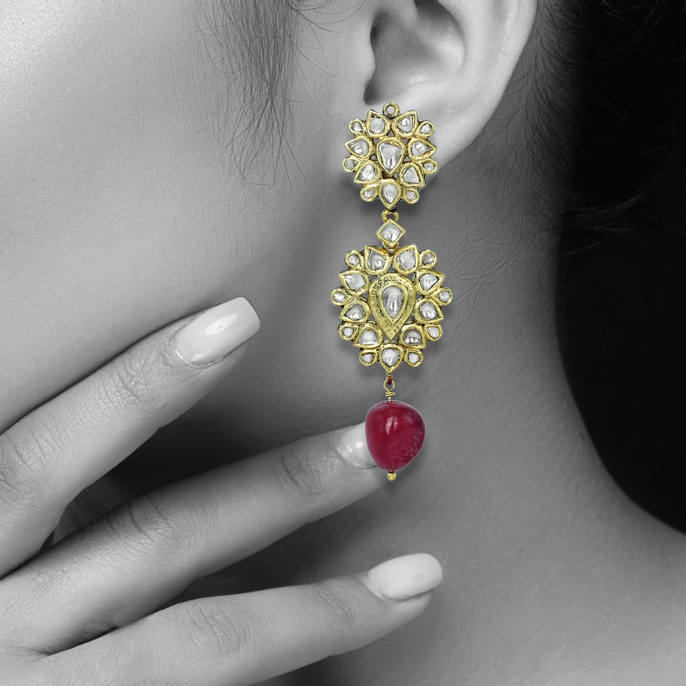 Dual Floral Polki Earrings with Tourmaline Drops